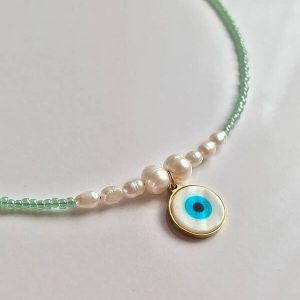 گردنبند منجوق سبز و مروارید پرورشی و چشم نظر