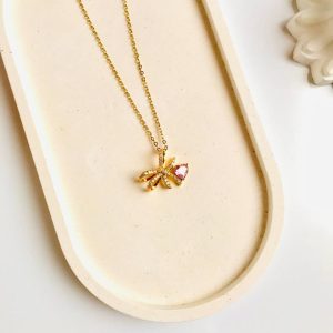 گردنبند پاپیونی استیل نگین دار و کریستال صورتی
