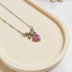 گردنبند استیل قلب آویز کریستال صورتی